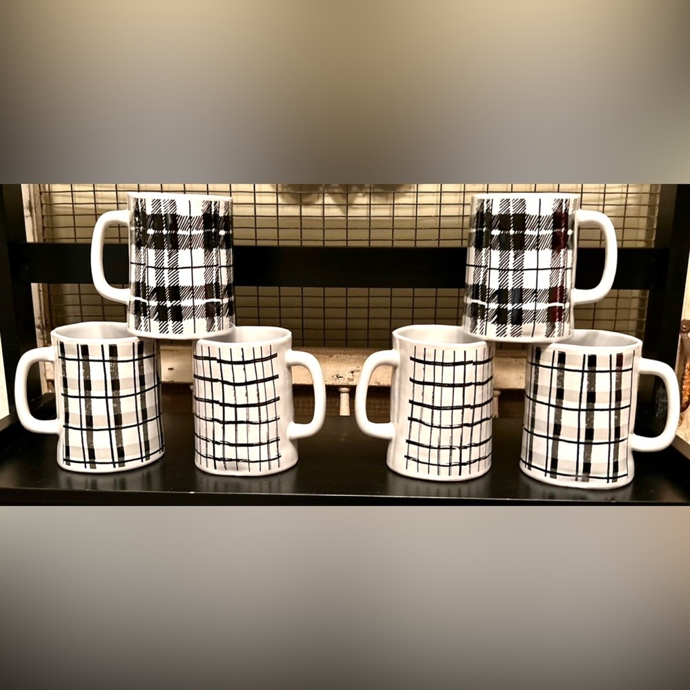 NEW Set of 6 Farmhouse Black & White Plaid Ceramic Coffee Tea Cups Mugs - Picture 14 of 15